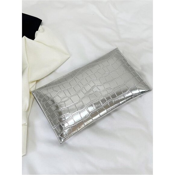 Women's Silver Metallic Crocodile Style Envelope Clutch Bag, Evening Formal Wedd - Picture 2 of 7